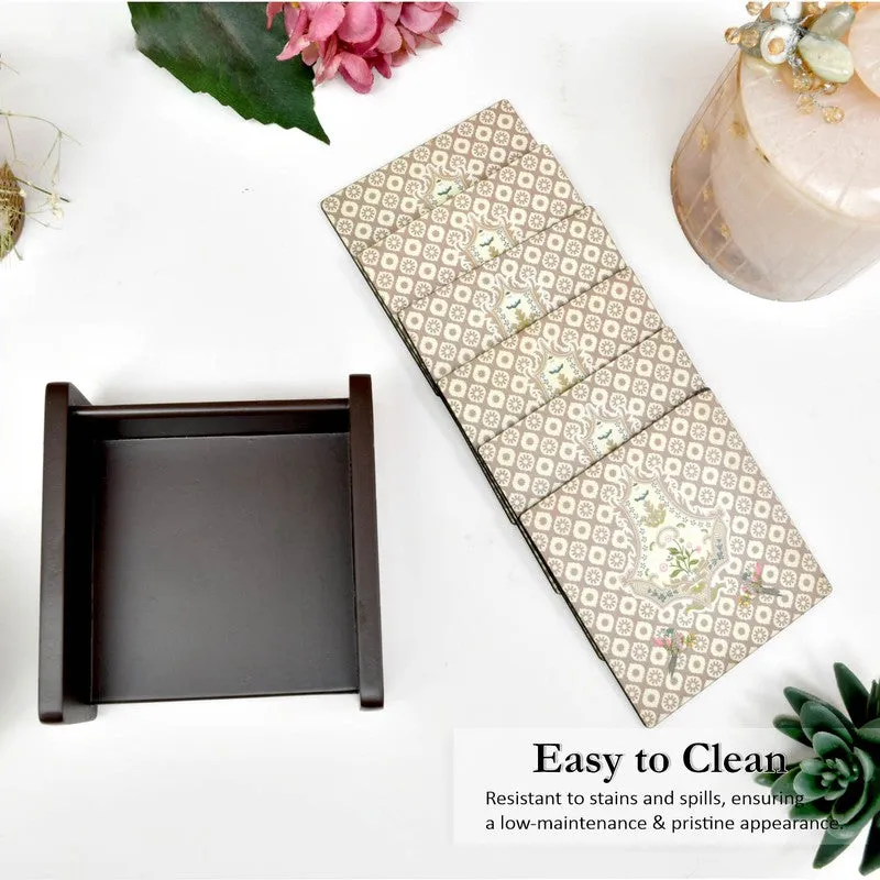 Floral Elegance Wooden Coasters with Holder - Seven Piece Set media 5