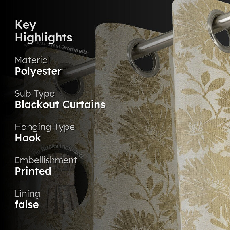 Urban Space Floral Beige Polyester Curtains - Set Of Two media 2