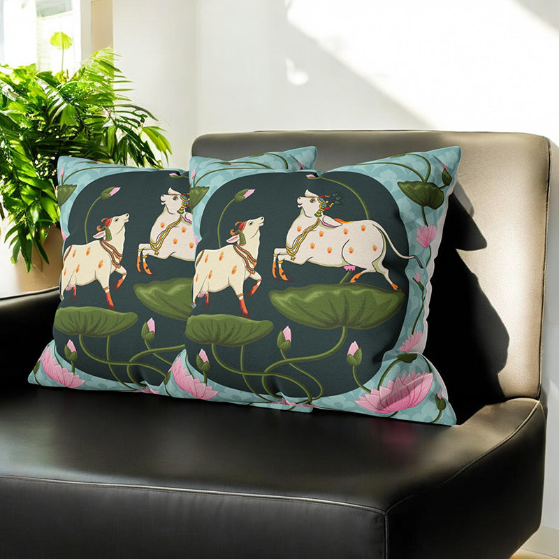 Playful Kamadhenu Velvet Cushion Cover Set - Set Of Two