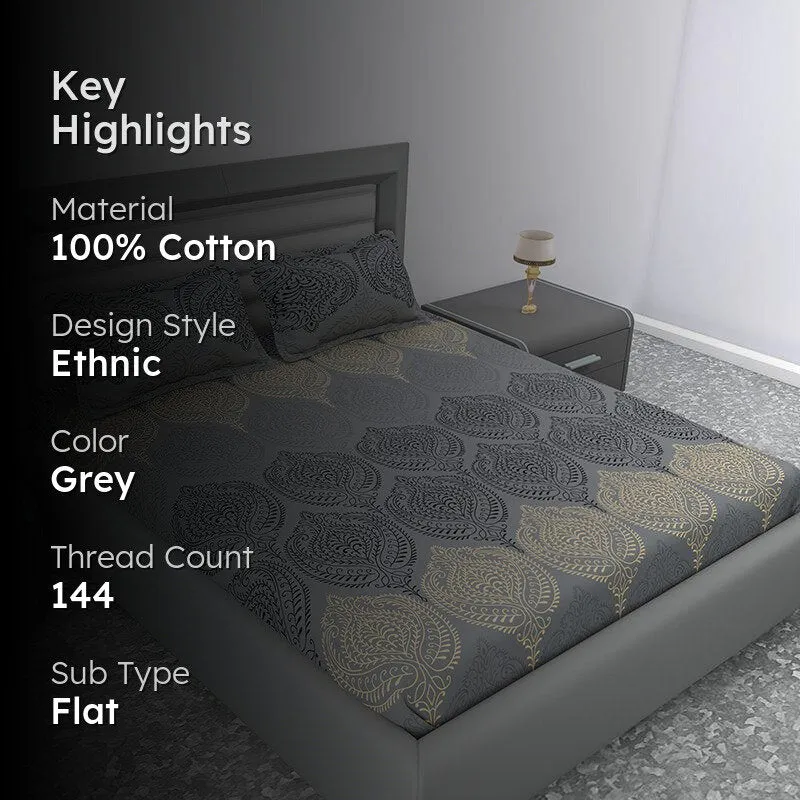 Folk Flair Ethnic Cotton Bedsheet (Grey) - 144 TC media 2