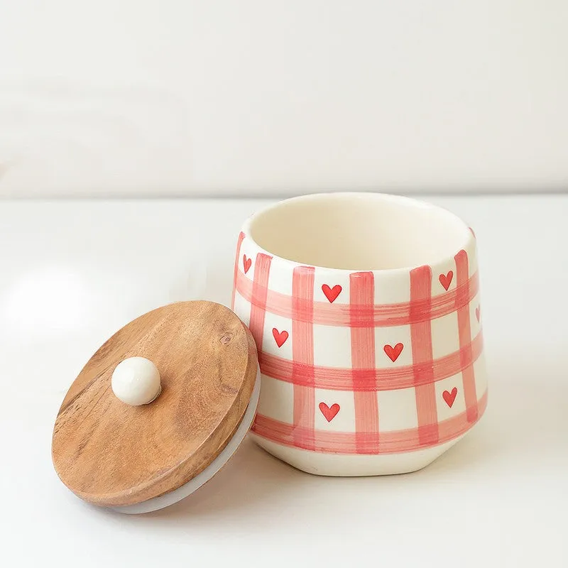Checkered Charm Ceramic Storage Jar with Mango Wood Lid -  800 mL media 5