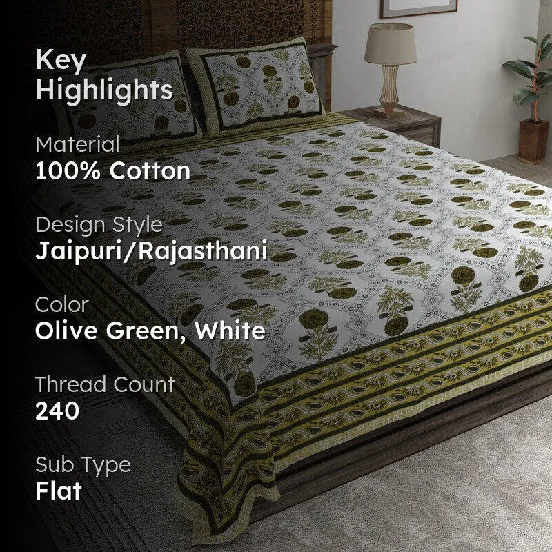 Vineen Cotton Bedsheet (Olive Green,White) - 240 TC media 2