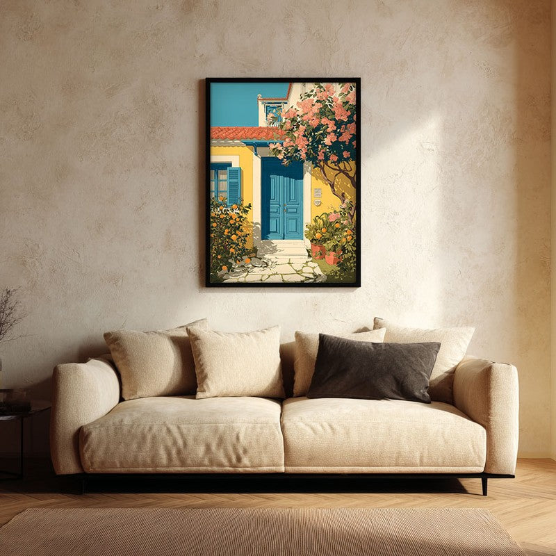 Floravue Sunlit Blue Door Canvas Wall Painting With Black Frame