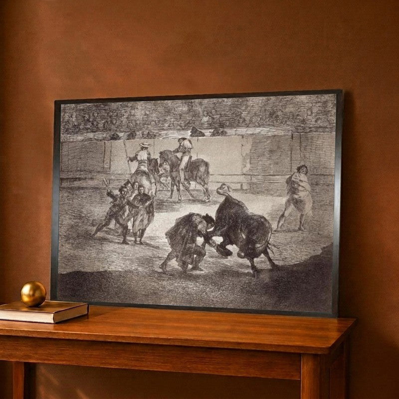 Bullfighter Enters the Arena to Kill the Bull with a Hat instead of the Muleta Canvas Wall Painting - 18 x 12 Inches