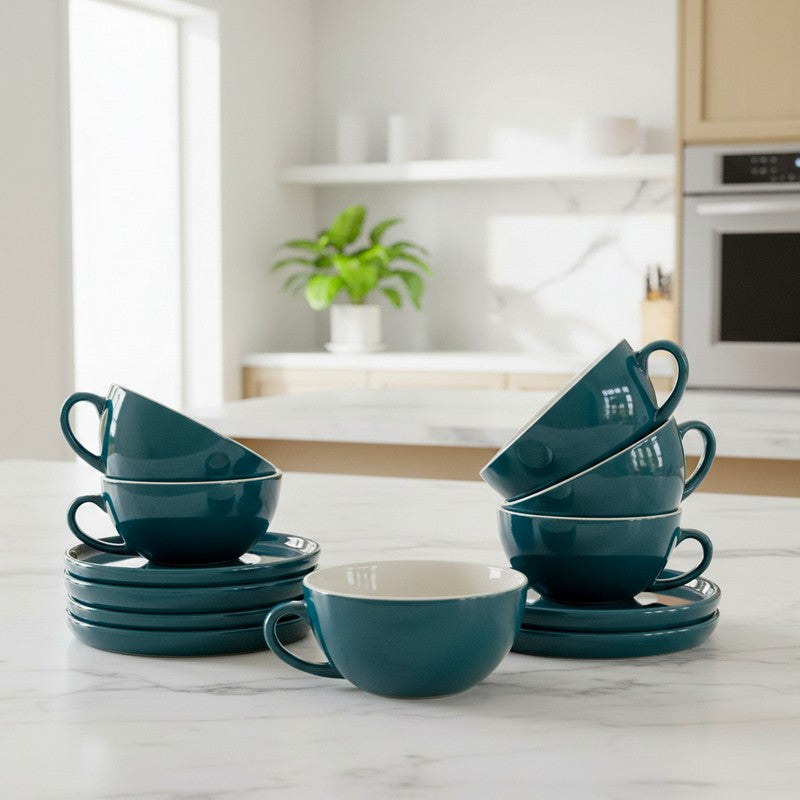Ceramic Cup & Saucer (Deep Green/240 mL Each) - Set of Six