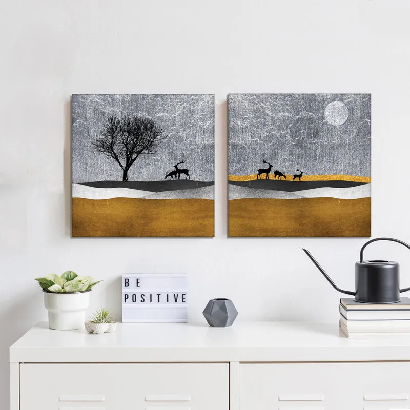 Stags in the Mist Canvas Wall Painting - Set Of Two media 6