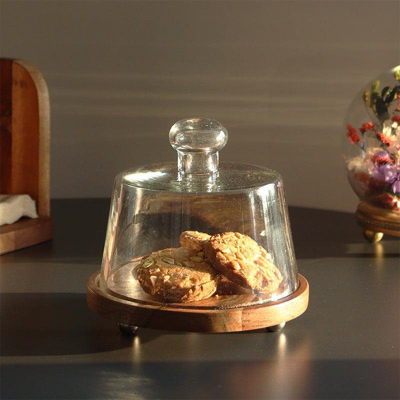 Cenara Acacia Wood Cake Stand With Dome-Glass Cover