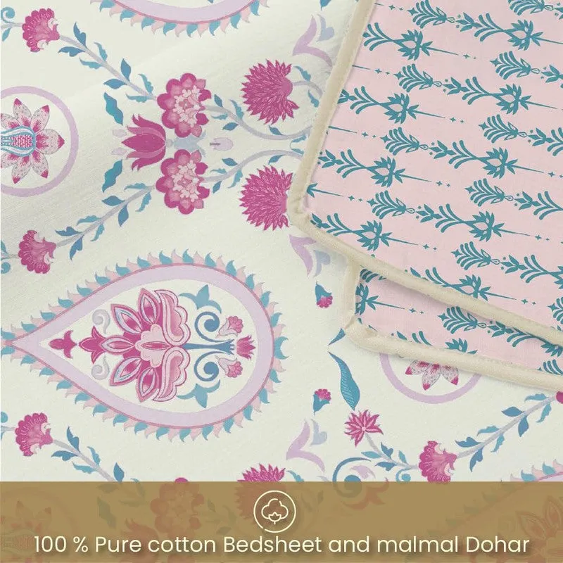 Close-up of pink and blue ethnic floral print on bedding and blanket