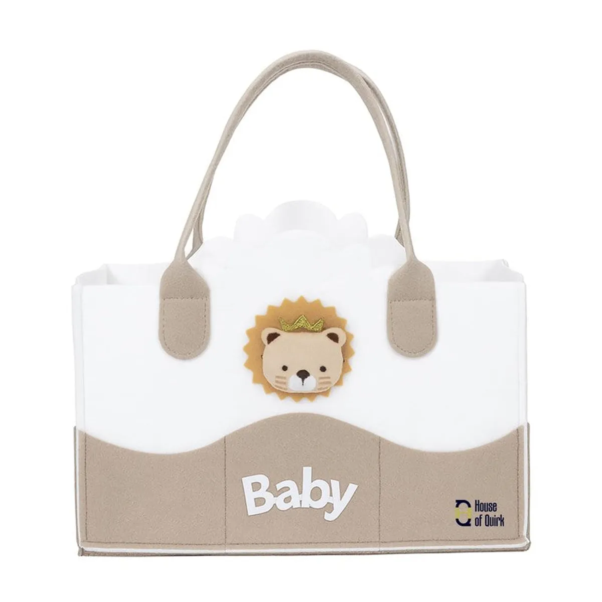 Front view of white and beige storage bag with crowned lion detail