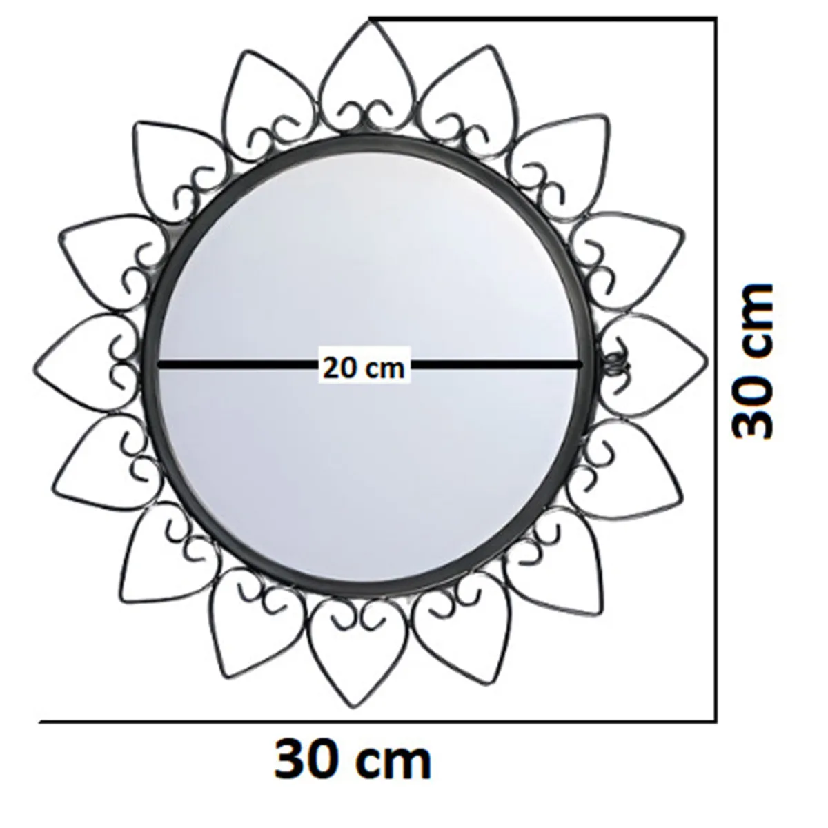Round black wall mirror with an intricate petal-shaped frame