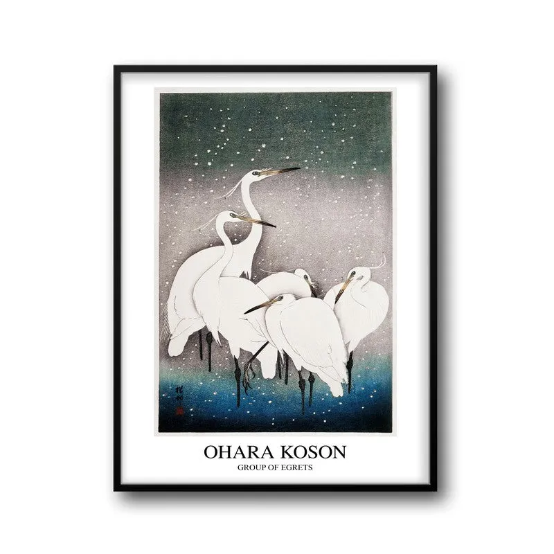 Group of Egrets Ohara Koson Archival Canvas Wall Painting - Black Frame media 5