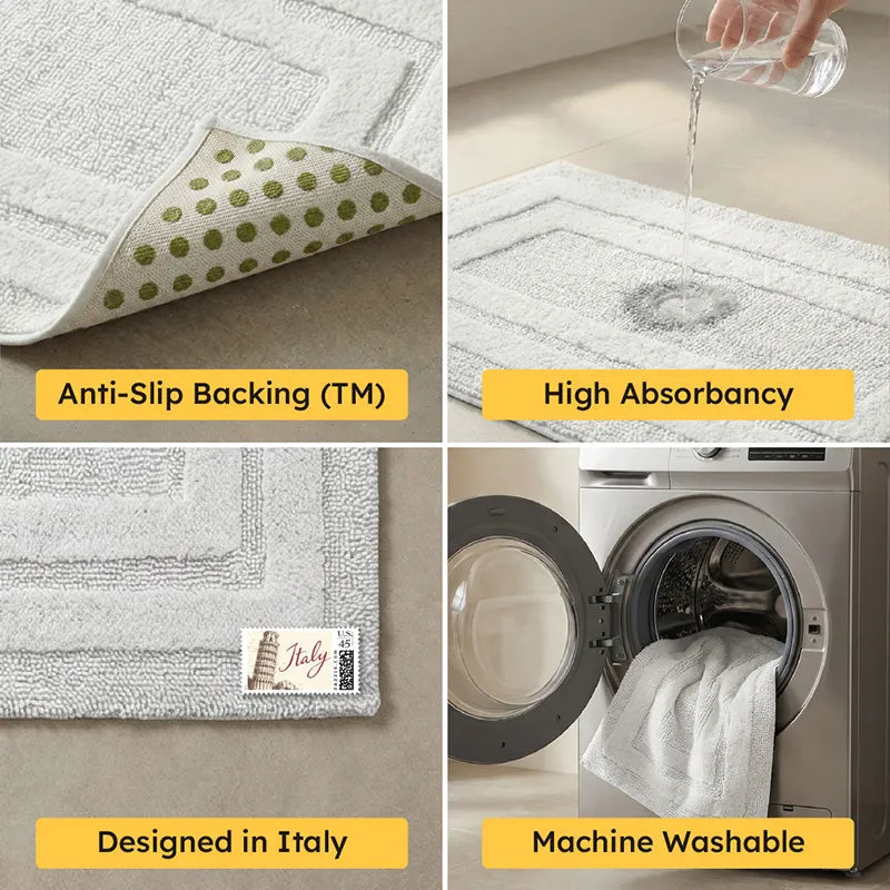 Collage showing rug backing, absorbency, texture and machine washing