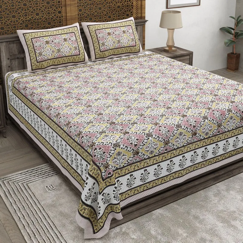 Royala Cotton Bedsheet (Pink,Yellow) - 240 TC media 1