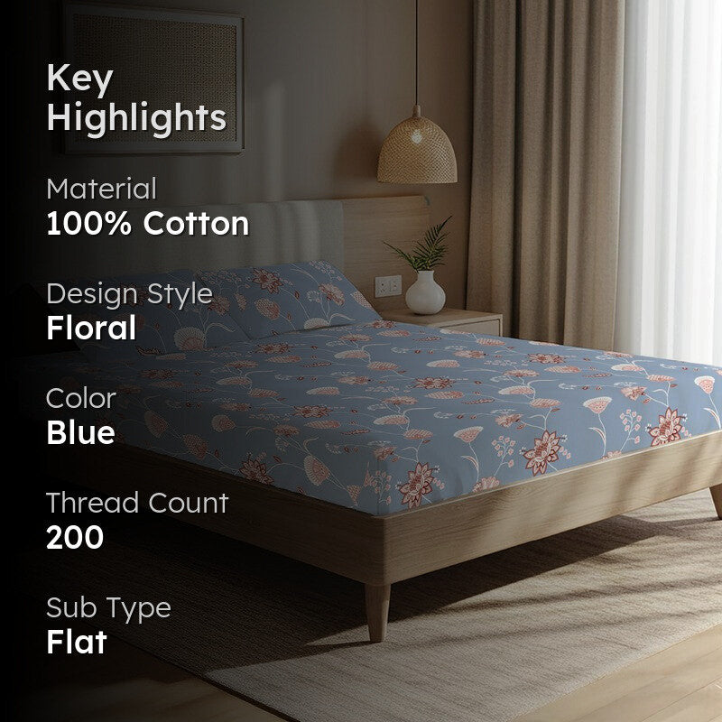 Azure Bloom Floral Cotton Bedsheets (Blue) - 200 TC media 2