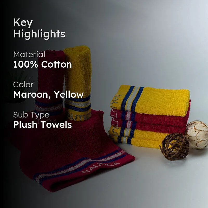 Burgundy and yellow towel set with highlighted material and plush type
