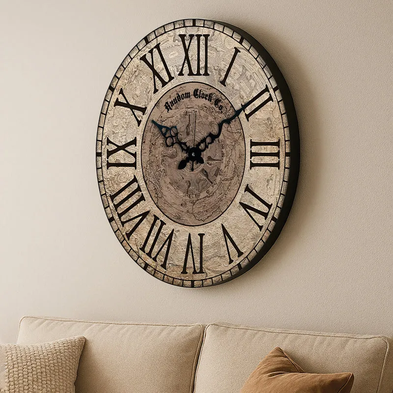 Angled view of a round rustic wall clock with black Roman numerals