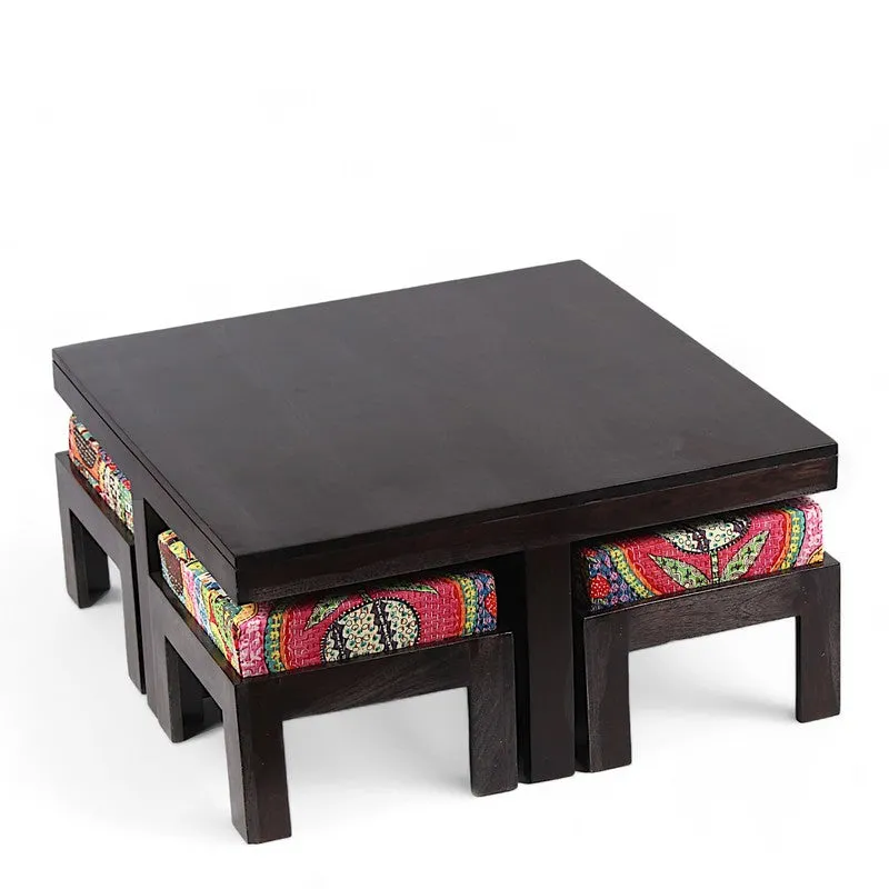 Evrino Sheesham Wooden Center Table with Stools and Cushions (Deep Brown,Multicolor) - Nine Piece Set media 6