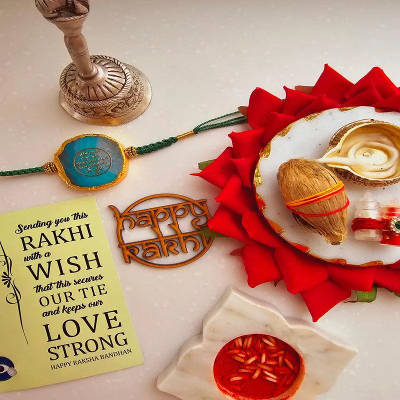 Gayathri Mantra Green Agate Rakhi Gift Set media 1