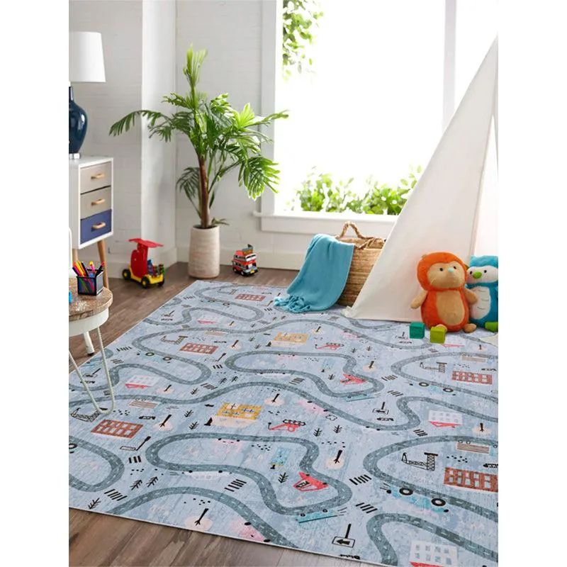 Blue kids' carpet with winding road pattern styled in a playroom