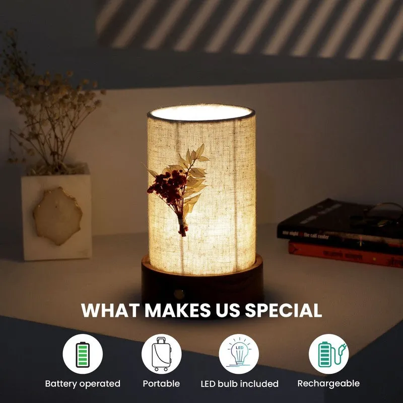 Illumo Cylindric Textured Base Fabric Wooden Table Lamp - Multicolor media 6