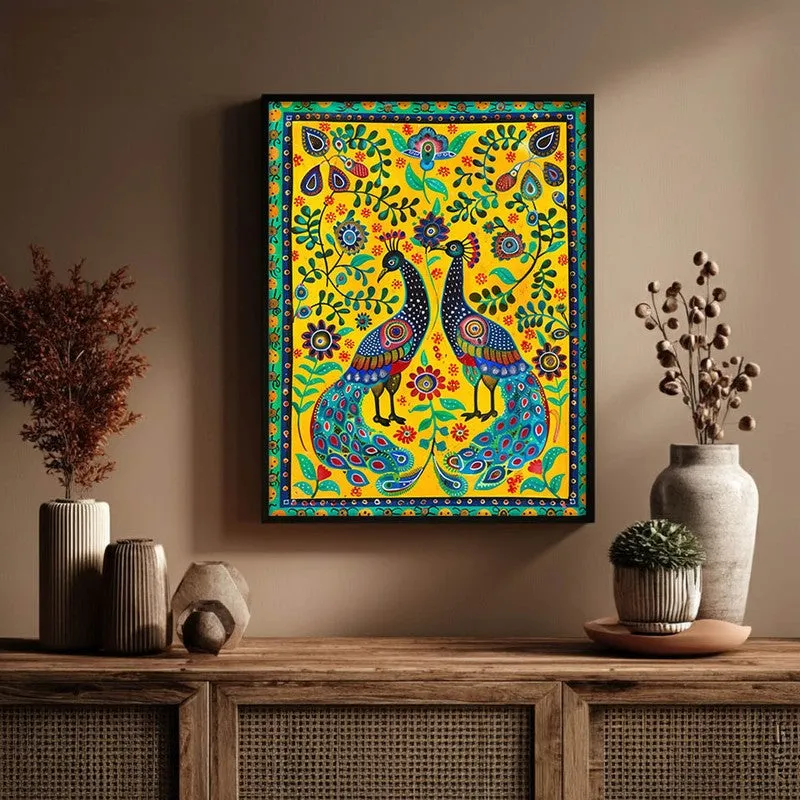 Colorful Peacock Folk Art Canvas Wall Painting With Black Frame media 6