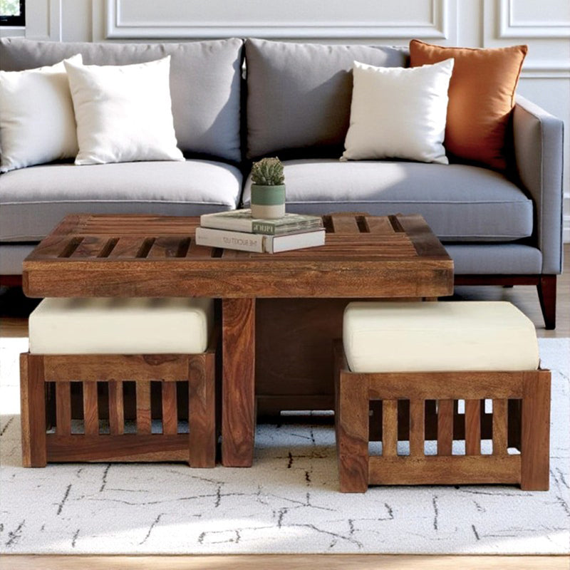 Gaviron Sheesham Wooden Center Table with Stools and Cushions (Brown) - Nine Piece Set