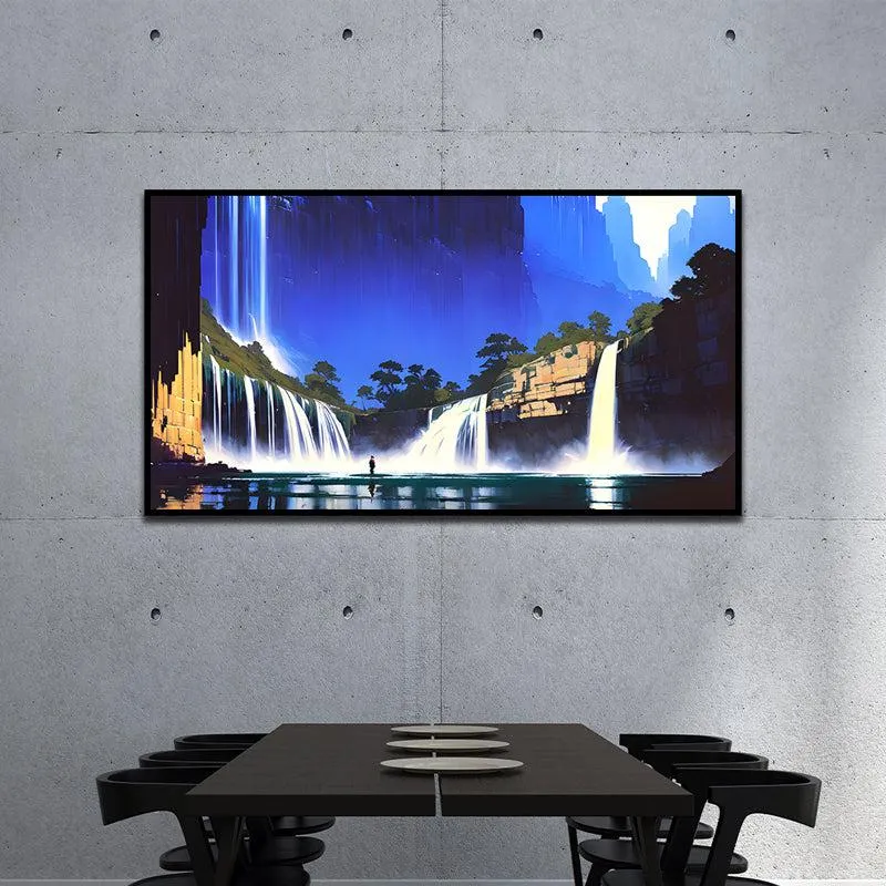 Midnight Waterfalls Landscape Canvas Wall Painting With Frame - Black media 1