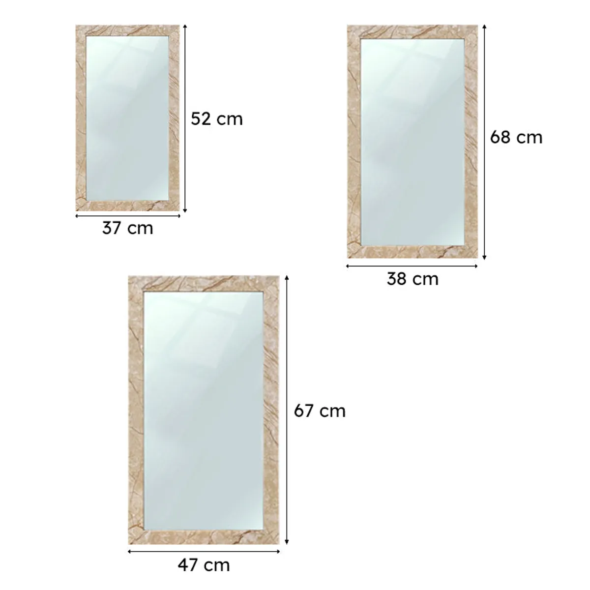 Three size variants of the beige marble-finish wall mirror