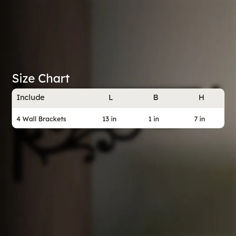 Black ornate wall bracket shown beside a size-chart graphic.