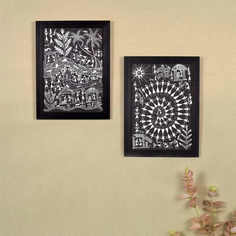 Mila Warli Canvas Wall Art - Set Of Two media 1