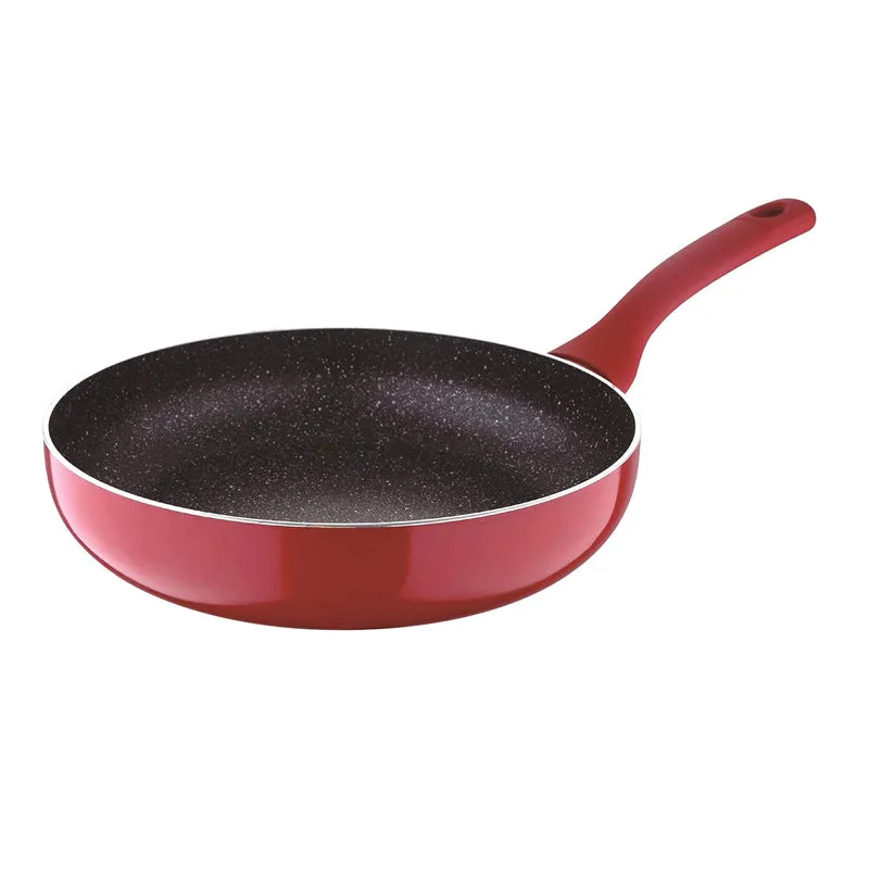 Red round frypan with a black speckled cooking surface and long red handle