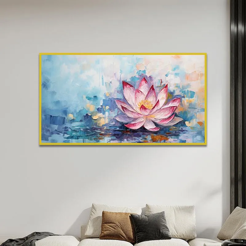 Azure Lotus Brushstrokes Floral Canvas Wall Painting With Frame - Gold media 1