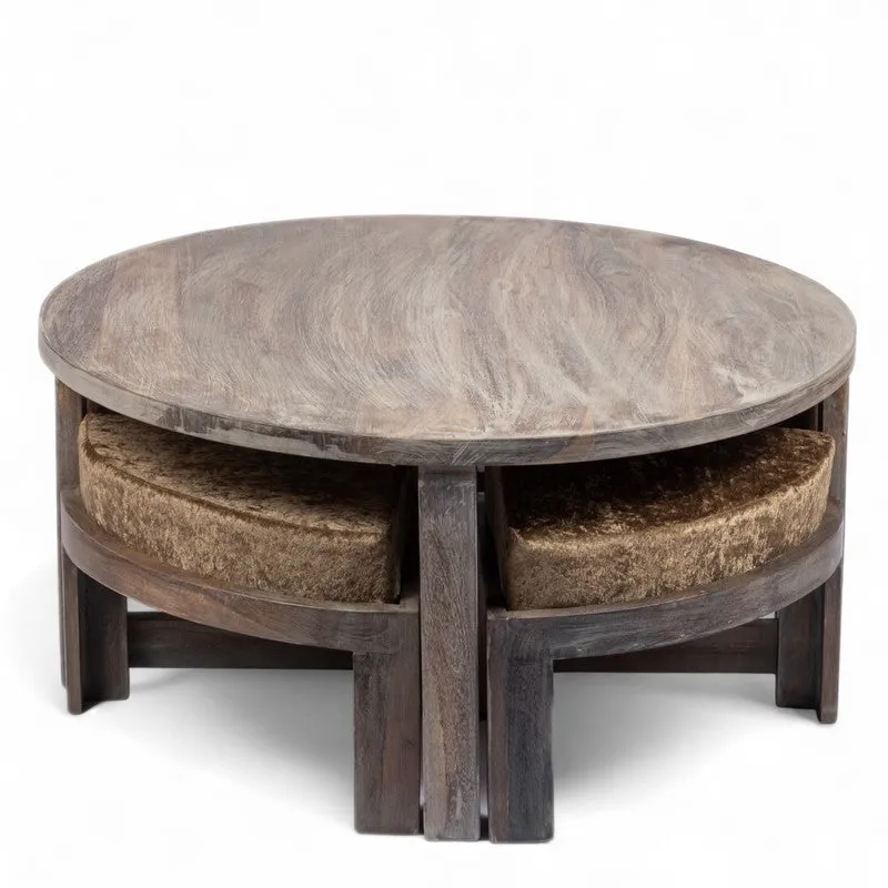 Jervon Sheesham Wooden Center Table with Stools and Cushions (Grey) - Nine Piece Set media 3