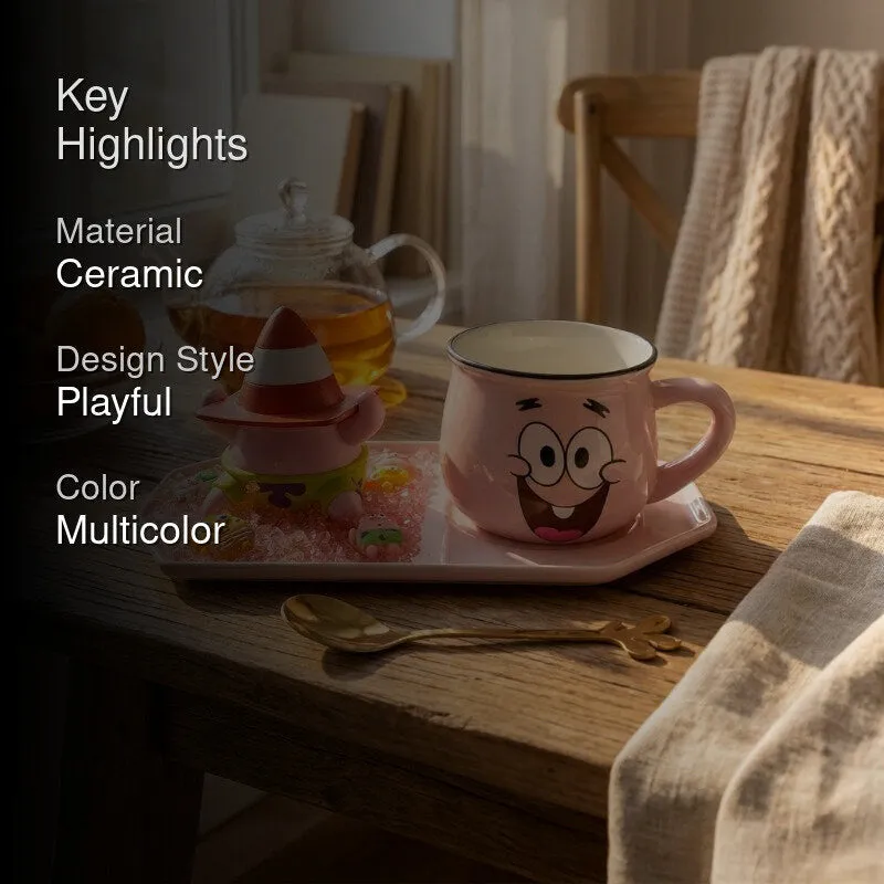 Lifestyle view of the colourful ceramic mug set on a wooden table