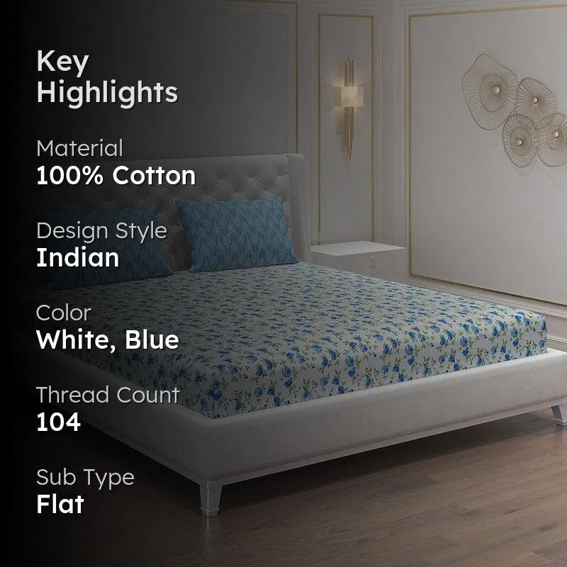 Monte Carlo Fleurish Cotton Bedsheet (White,Blue) - 104 TC media 2
