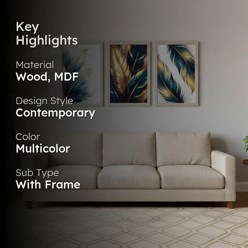 Chic Neutral Feather Wall Painting With Frame - Set Of Three media 2