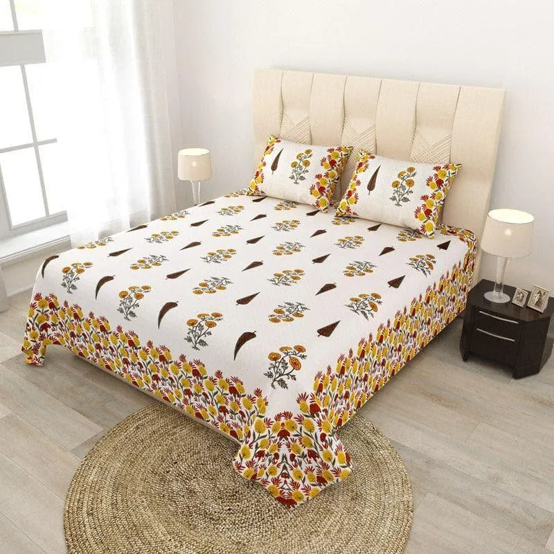 Devika Ethnic Printed Cotton Bedsheet (Yellow) - 140 TC media 3