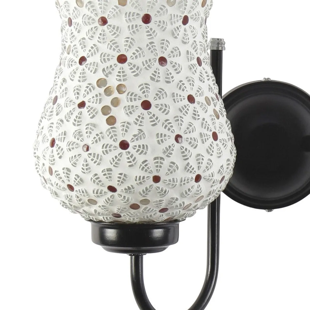 Close-up of white textured glass shade and black iron wall mount