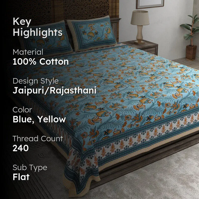 Bloomet Cotton Bedsheet (Blue,Yellow) - 240 TC media 2