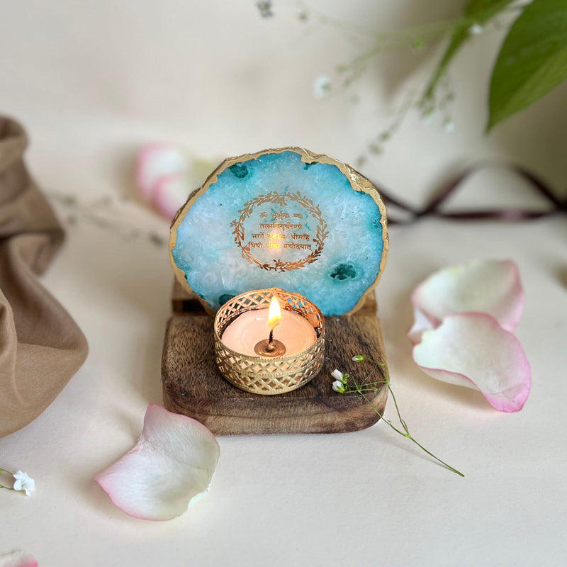 Gayathri Mantra Handcrafted Agate Religious Accent With Tealight Candle Holder - Green media 4