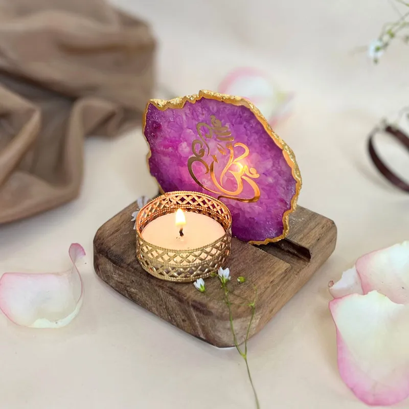 Ganesha Handcrafted Agate Religious Accent With Tealight Candle Holder - Pink media 3