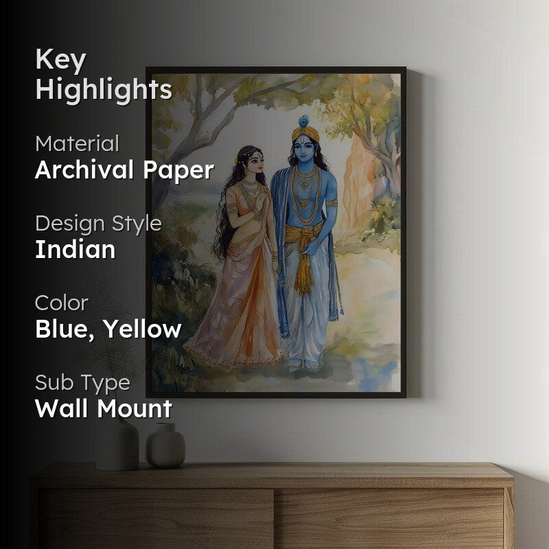 Radha Krishna Spiritual Archival Paper Wall Painting With Frame - Black media 2