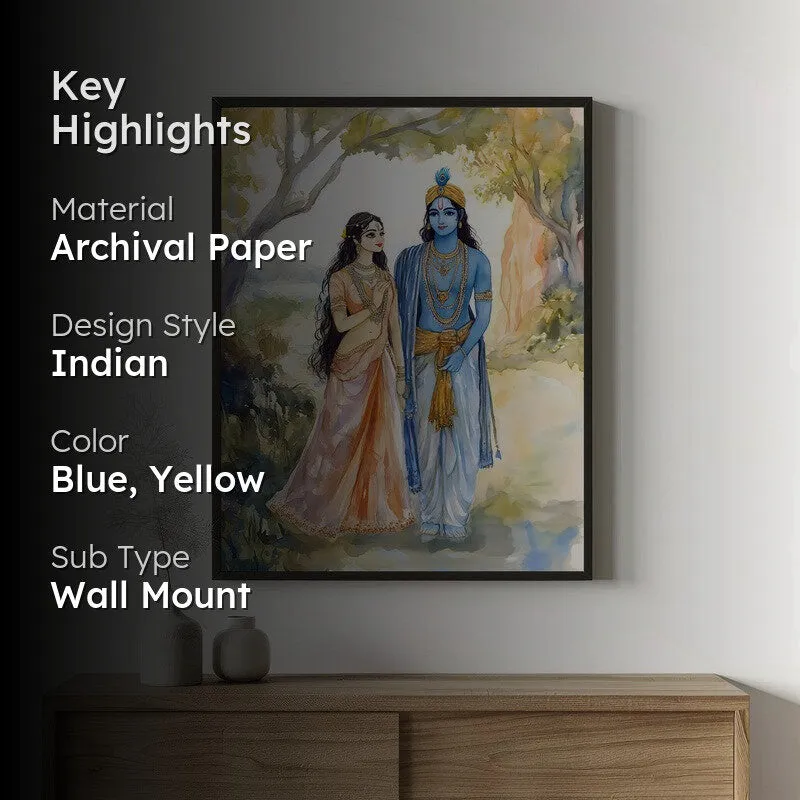 Radha Krishna Spiritual Archival Paper Wall Painting With Frame - Black media 2