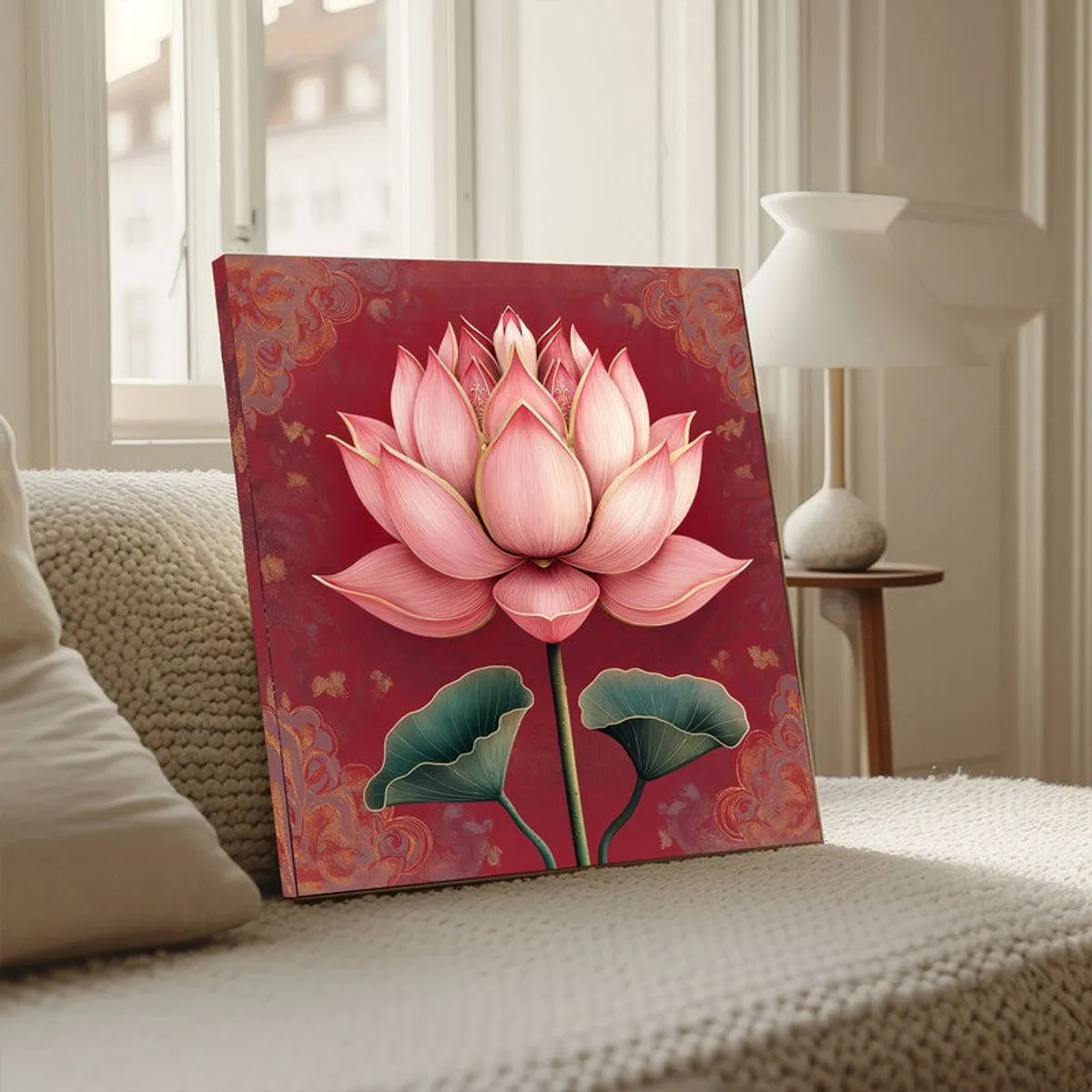 Square lotus canvas painting placed on a sofa in a bright room