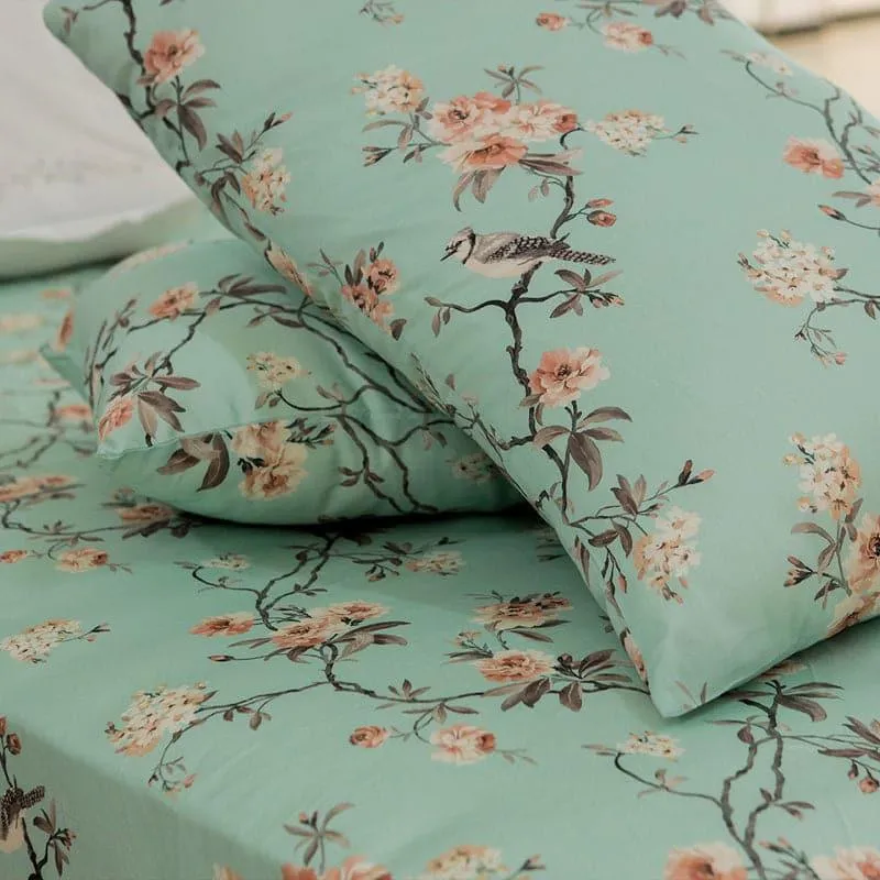 Cherry Blossom Floral Cotton Bedsheet (Green) - 254 TC media 7