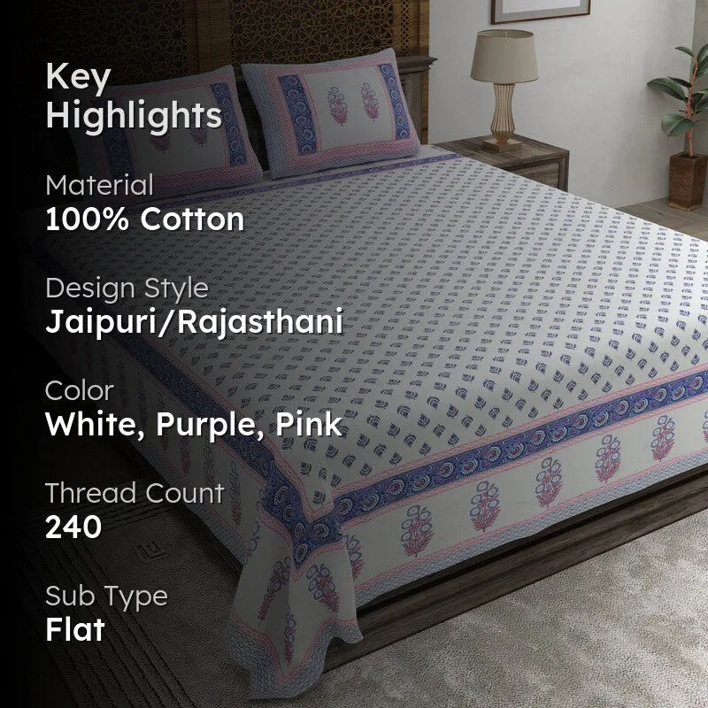 Nestva Cotton Bedsheet (White,Purple,Pink) - 240 TC media 2