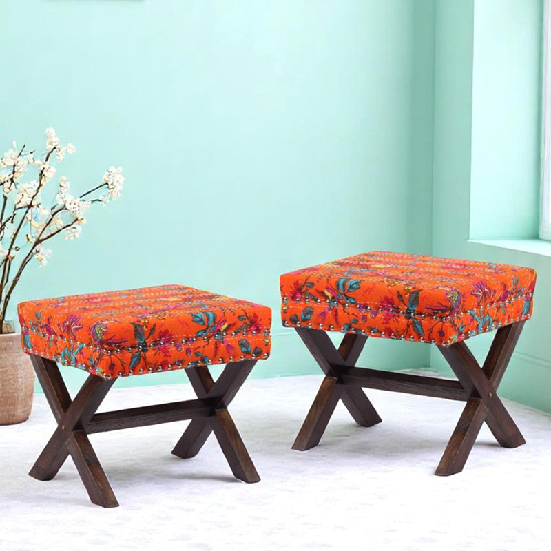 Jirox Sheesham Wooden Stools (Orange) - Set Of Two