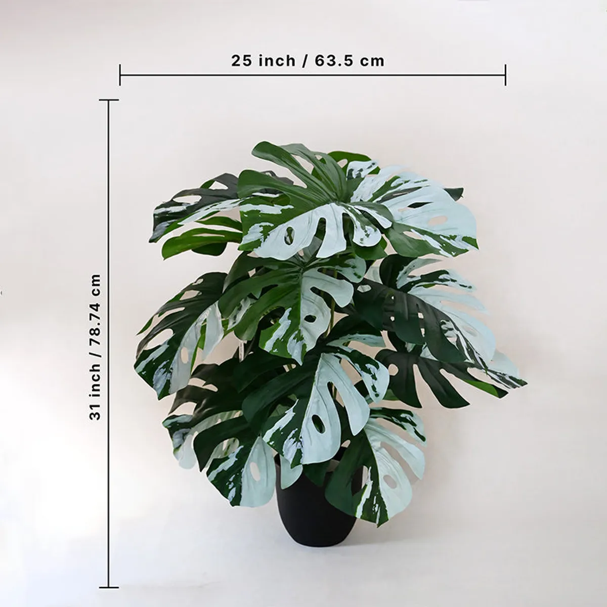 Full faux monstera plant with green and white leaves shown in a black pot.