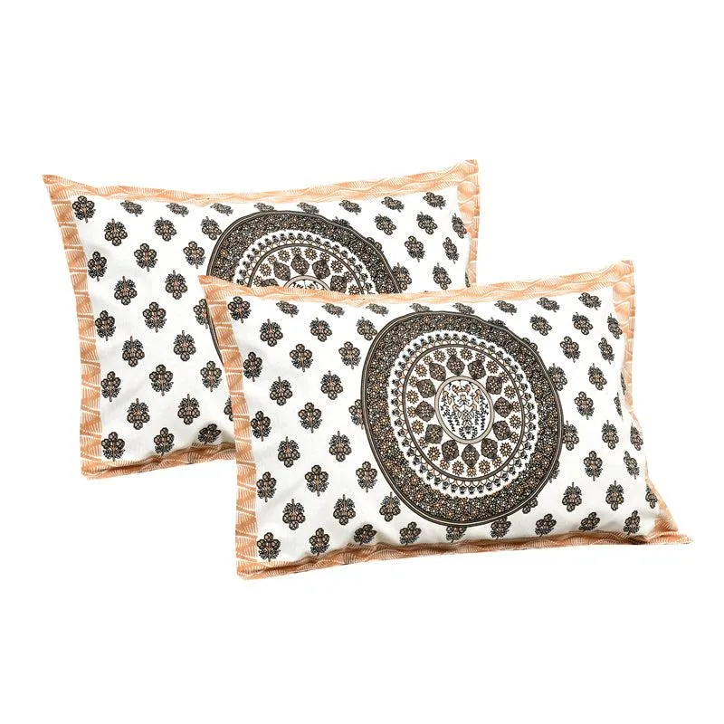 Aavani Ethnic Cotton Flat Bedsheet (White & Brown) - 160 TC media 6