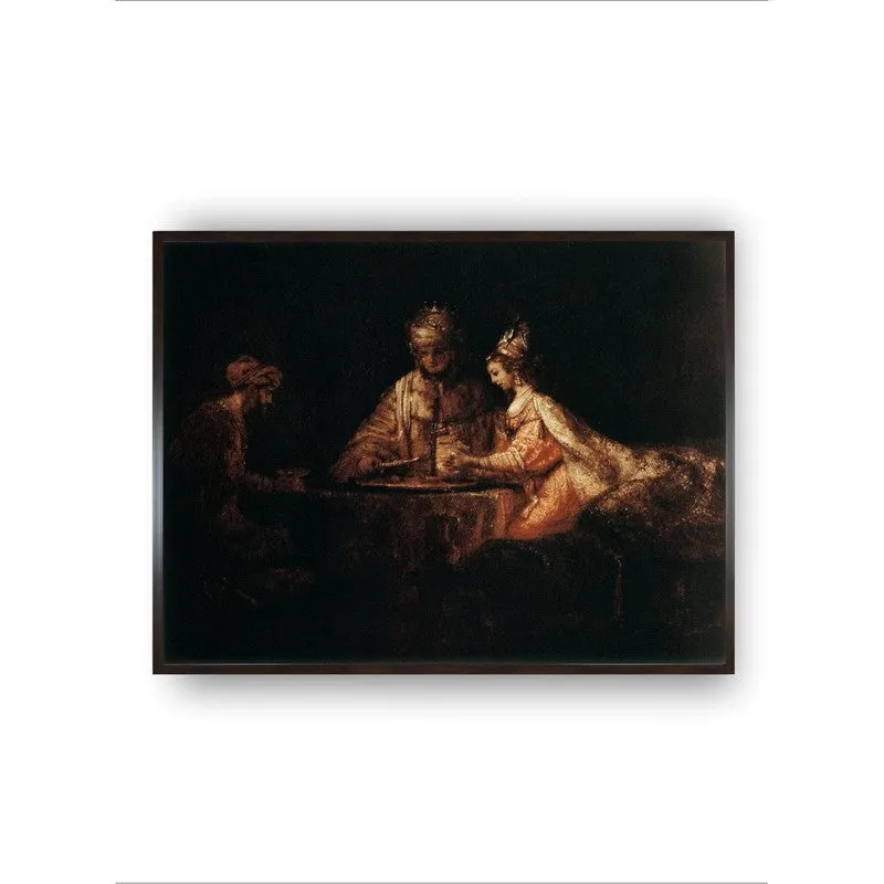 Straight-on view of framed dark figurative wall art on a white background